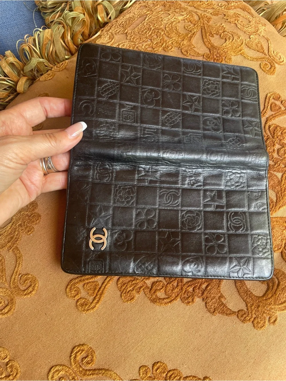 CHANEL Black Quilted Embossed Leather Wallet Clutch with Gold CC